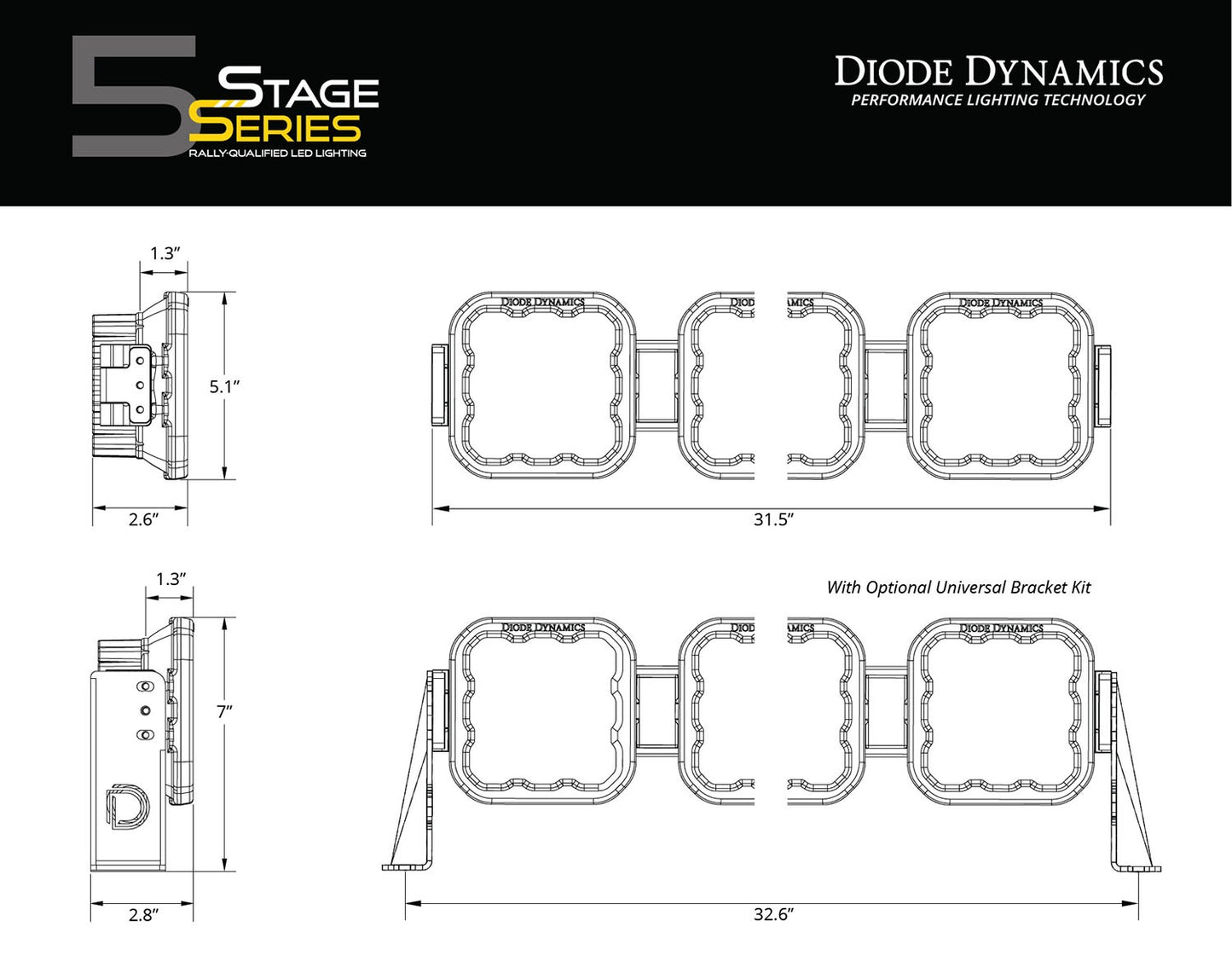 Diode Dynamics - SS5 Sport Universal CrossLink 5-Pod Lightbar White Combo