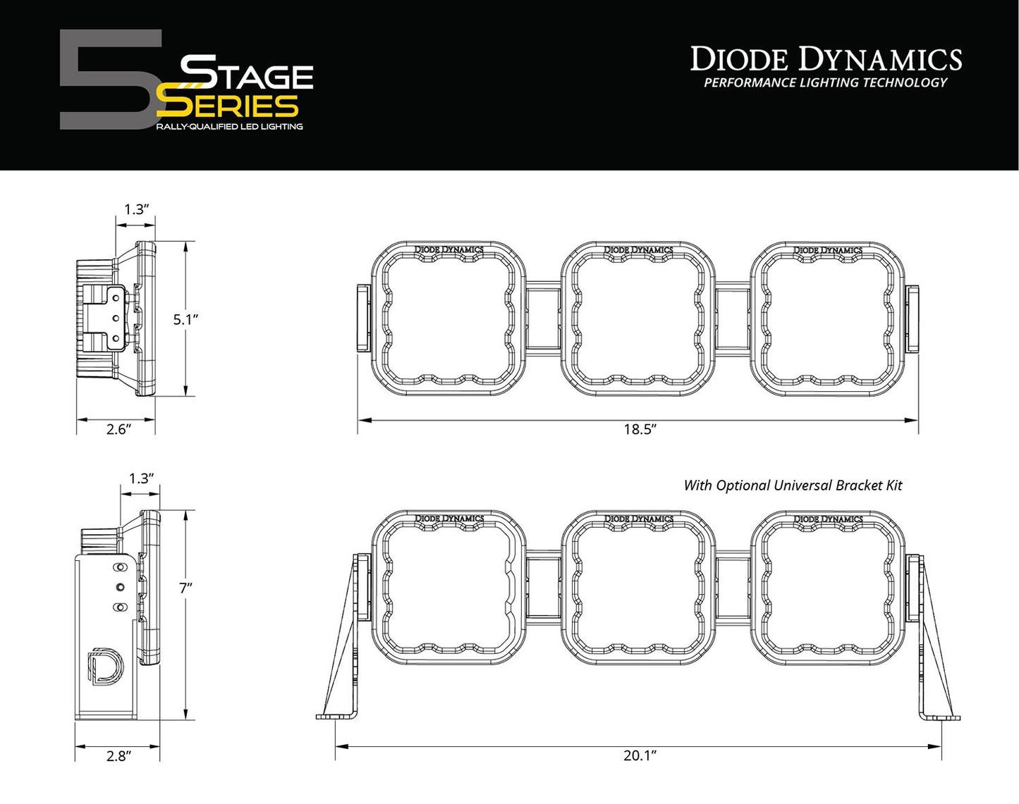 Diode Dynamics - SS5 Sport Universal CrossLink 3-Pod Lightbar Yellow Combo